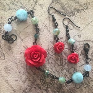 Larimar aquamarine red rose bracelet earrings set